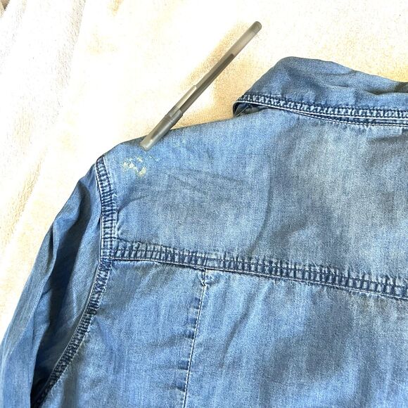 Per Se Shirt Denim Studs Roll Flip Sleeve Floral Blue 1X Button Hippie Boho Y2K - Picture 15 of 16